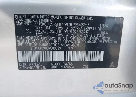 2011 Toyota Rav4 Limited V6 из США, поврежденный, VIN 2T3YK4DV0BW009399